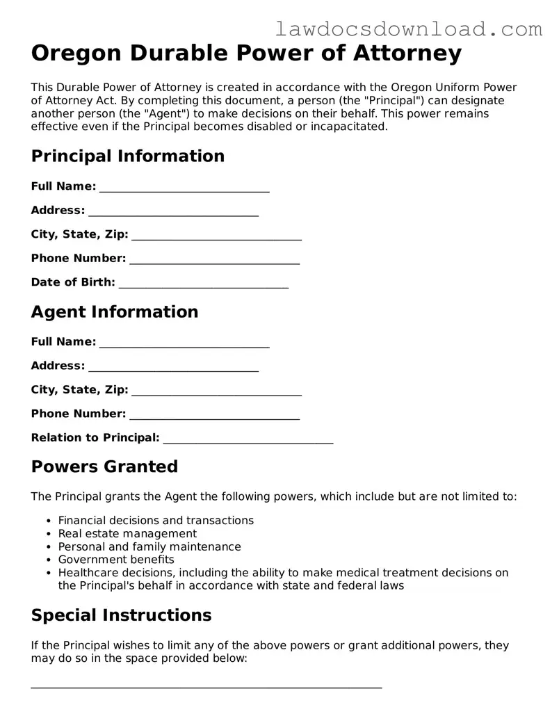 Legal Oregon Durable Power of Attorney Form
