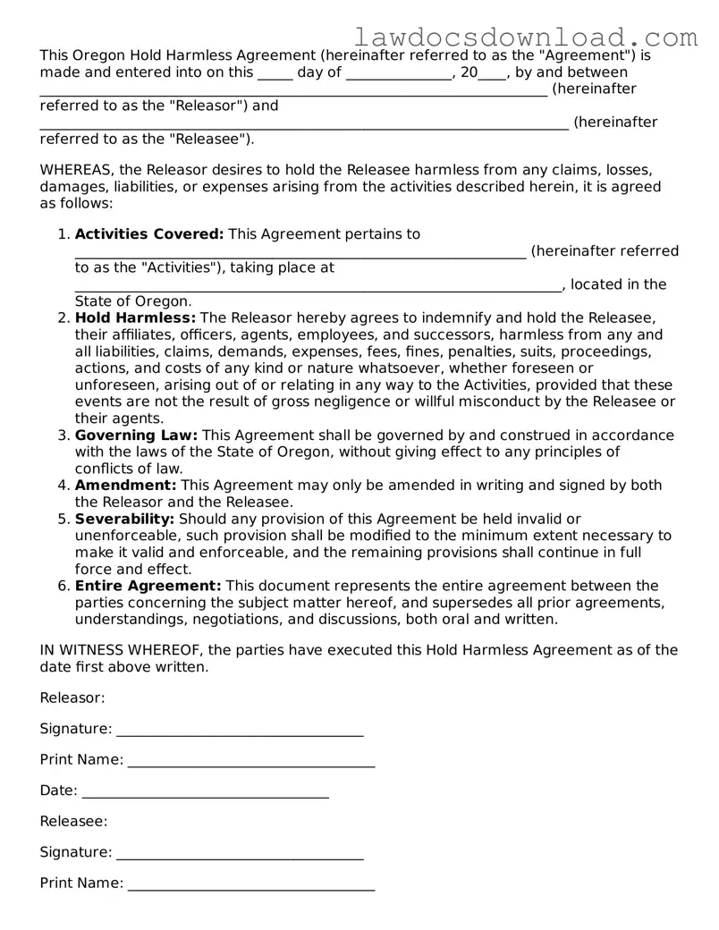 Legal Oregon Hold Harmless Agreement Form