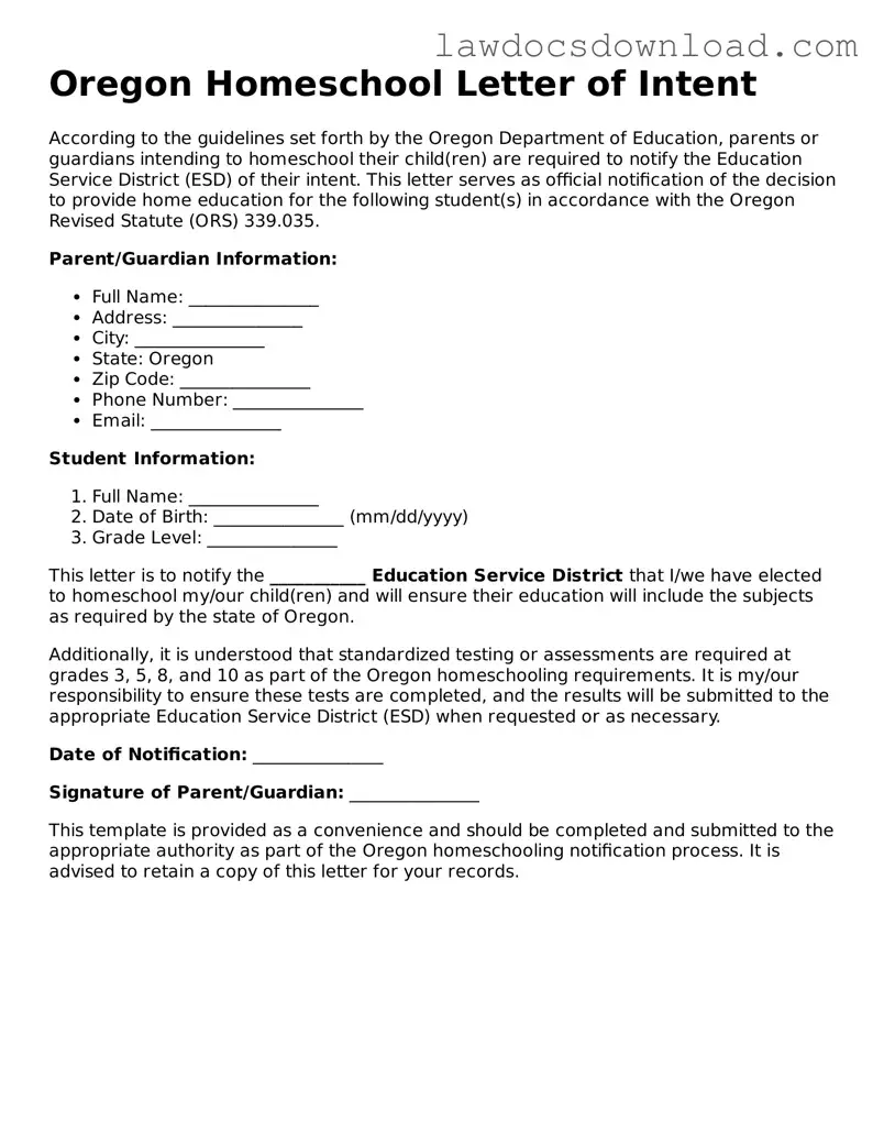 Legal Oregon Homeschool Letter of Intent Form