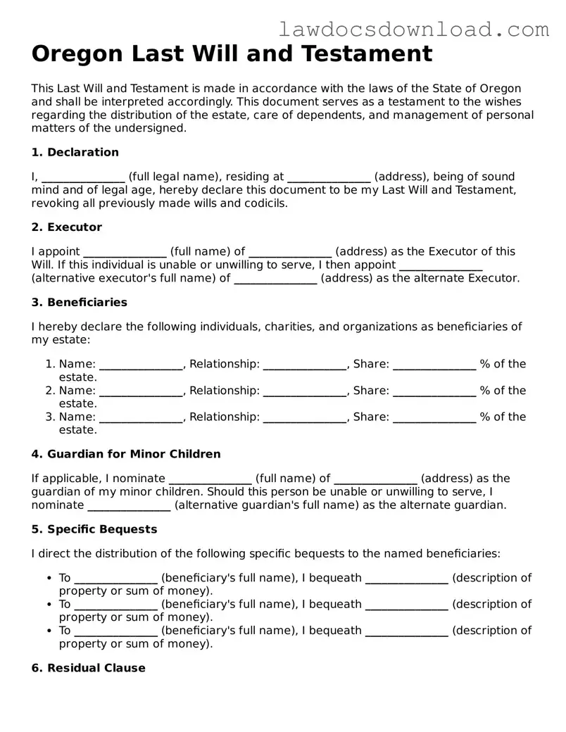 Legal Oregon Last Will and Testament Form