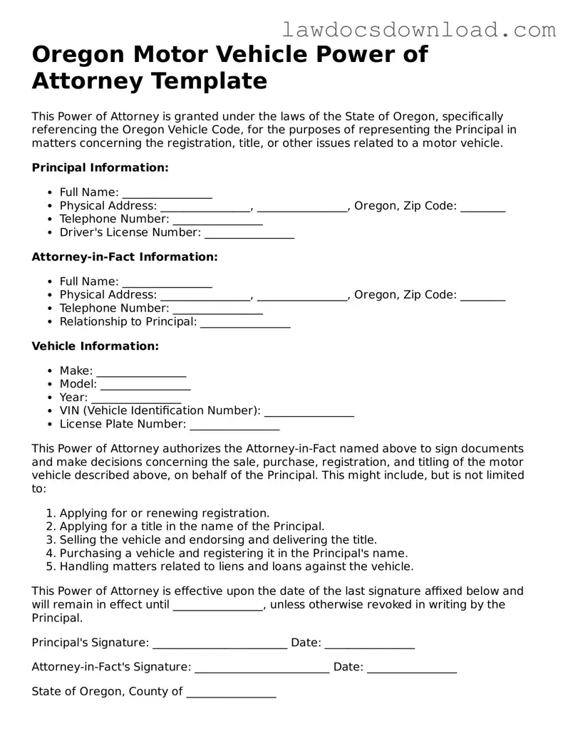 Legal Oregon Motor Vehicle Power of Attorney Form