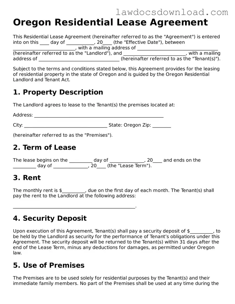Legal Oregon Residential Lease Agreement Form