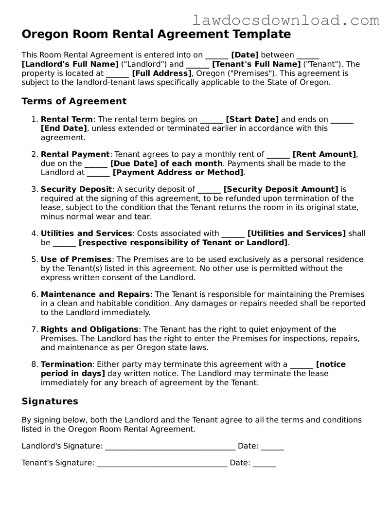 Legal Oregon Room Rental Agreement Form