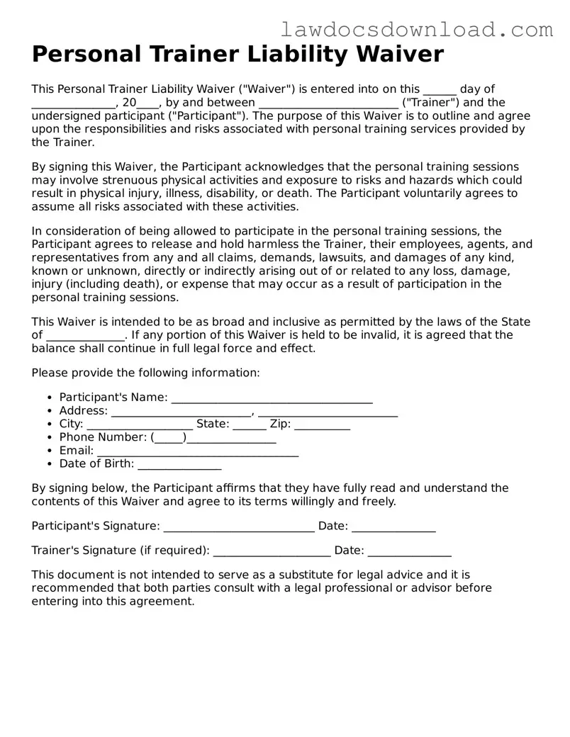 Blank Personal Trainer Liability Waiver Template