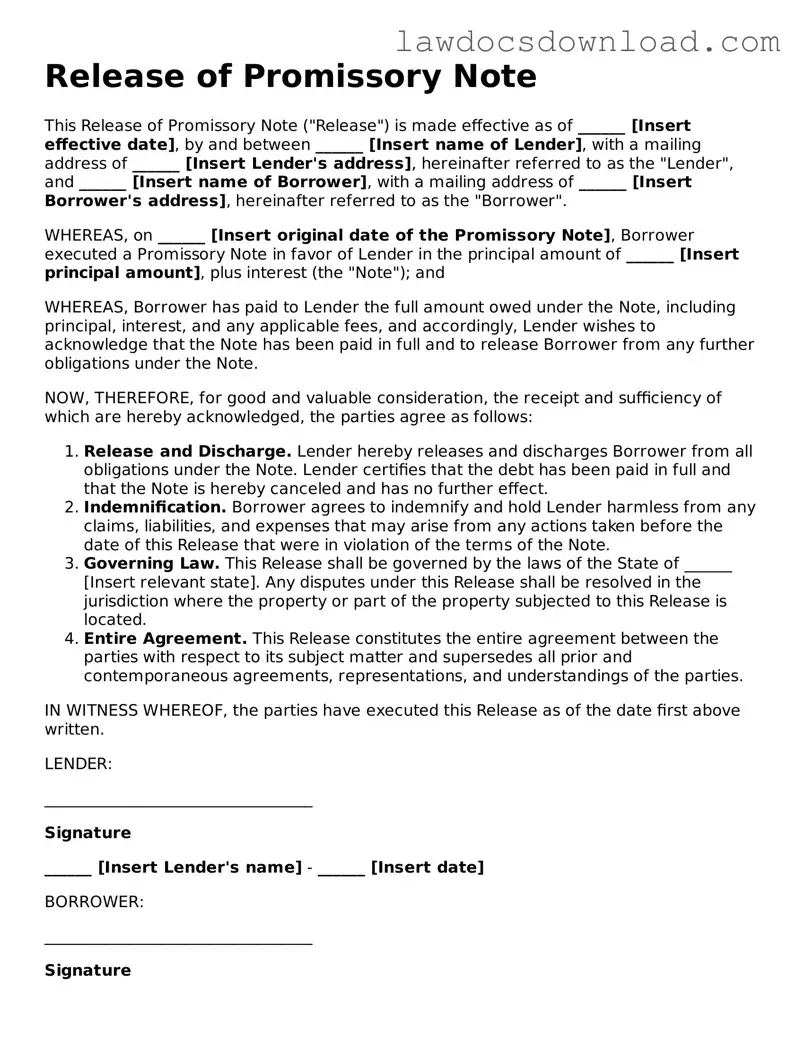 Blank Release of Promissory Note Template