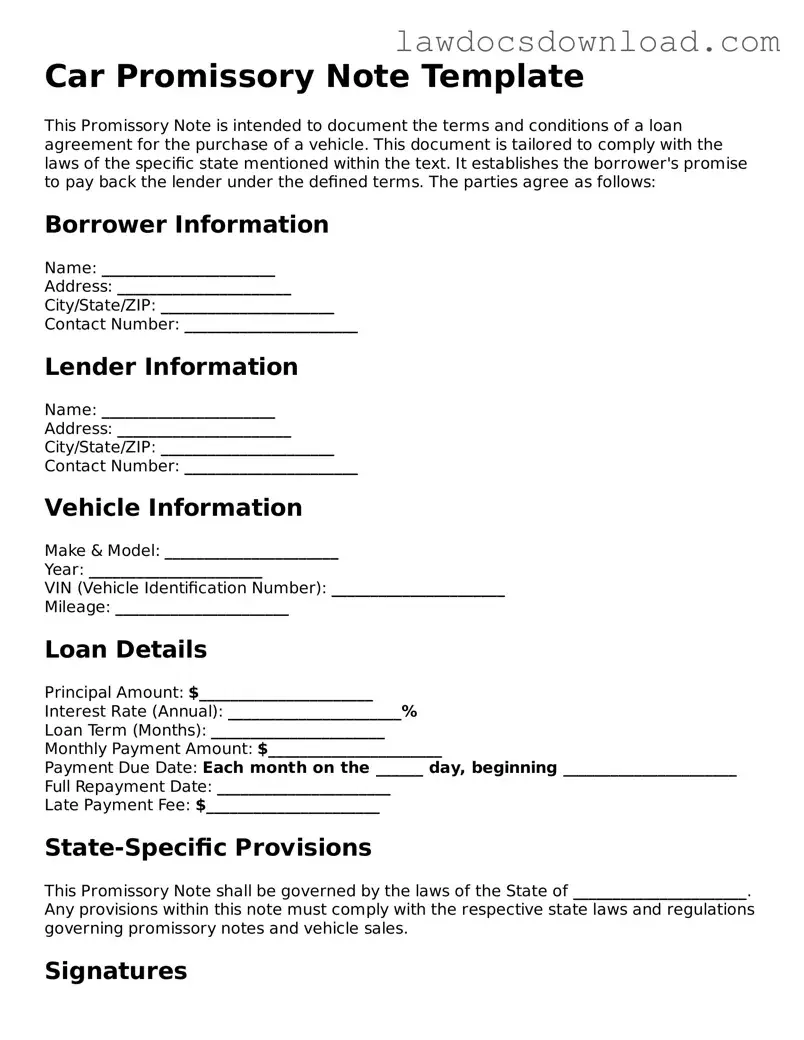 Blank Promissory Note for a Car Template