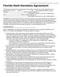 Legal Florida Hold Harmless Agreement Form