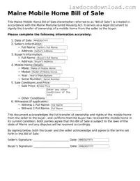 Legal Maine Mobile Home Bill of Sale Form
