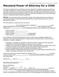 Legal Maryland Power of Attorney for a Child Form