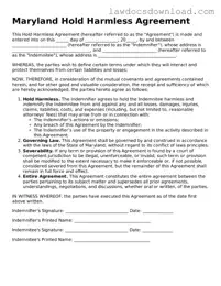 Legal Maryland Hold Harmless Agreement Form