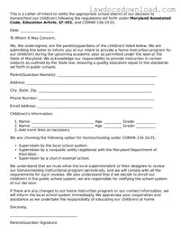 Legal Maryland Homeschool Letter of Intent Form