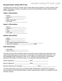Legal Maryland Motor Vehicle Bill of Sale Form