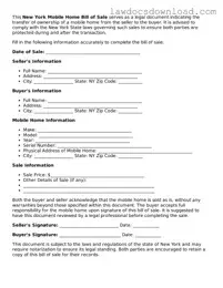 Legal New York Mobile Home Bill of Sale Form