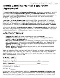 Legal North Carolina Marital Separation Agreement Form