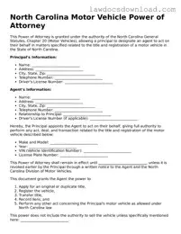 Legal North Carolina Motor Vehicle Power of Attorney Form