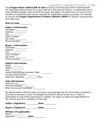Legal Oregon Motor Vehicle Bill of Sale Form