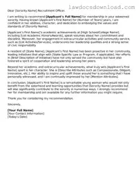 Blank Sorority Recommendation Letter Template