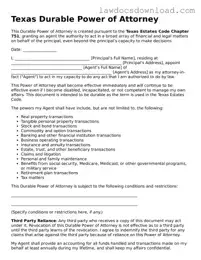Legal Texas Durable Power of Attorney Form