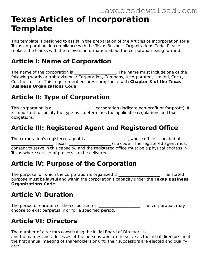 Legal Texas Articles of Incorporation Form