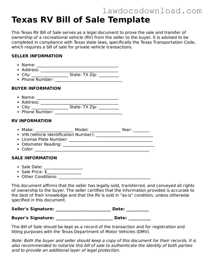 Legal Texas RV Bill of Sale Form