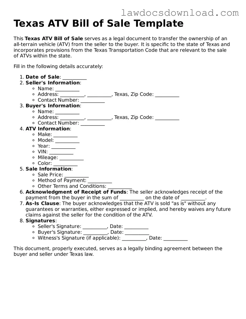 Legal Texas ATV Bill of Sale Form