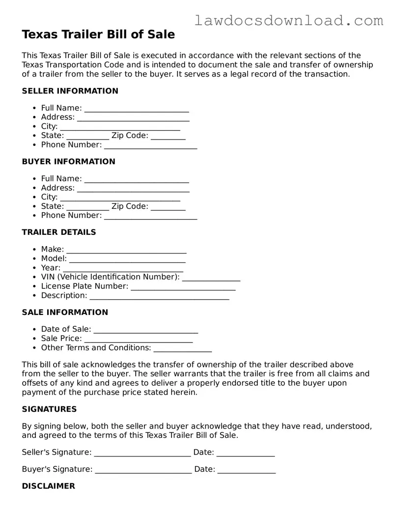 Legal Texas Trailer Bill of Sale Form