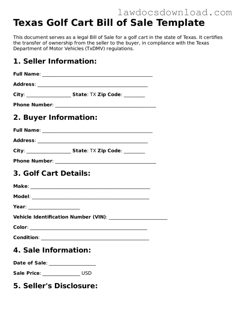 Legal Texas Golf Cart Bill of Sale Form