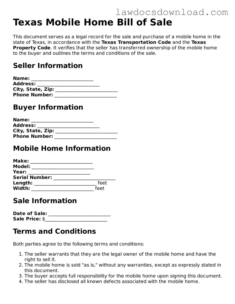 Legal Texas Mobile Home Bill of Sale Form