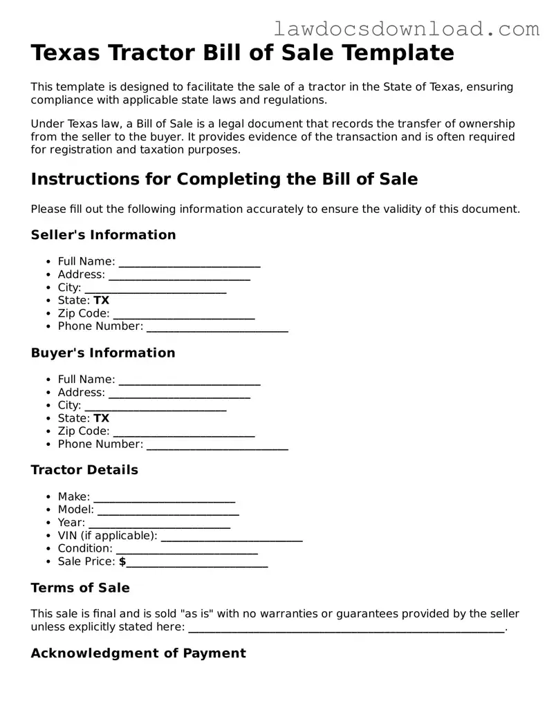 Legal Texas Tractor Bill of Sale Form