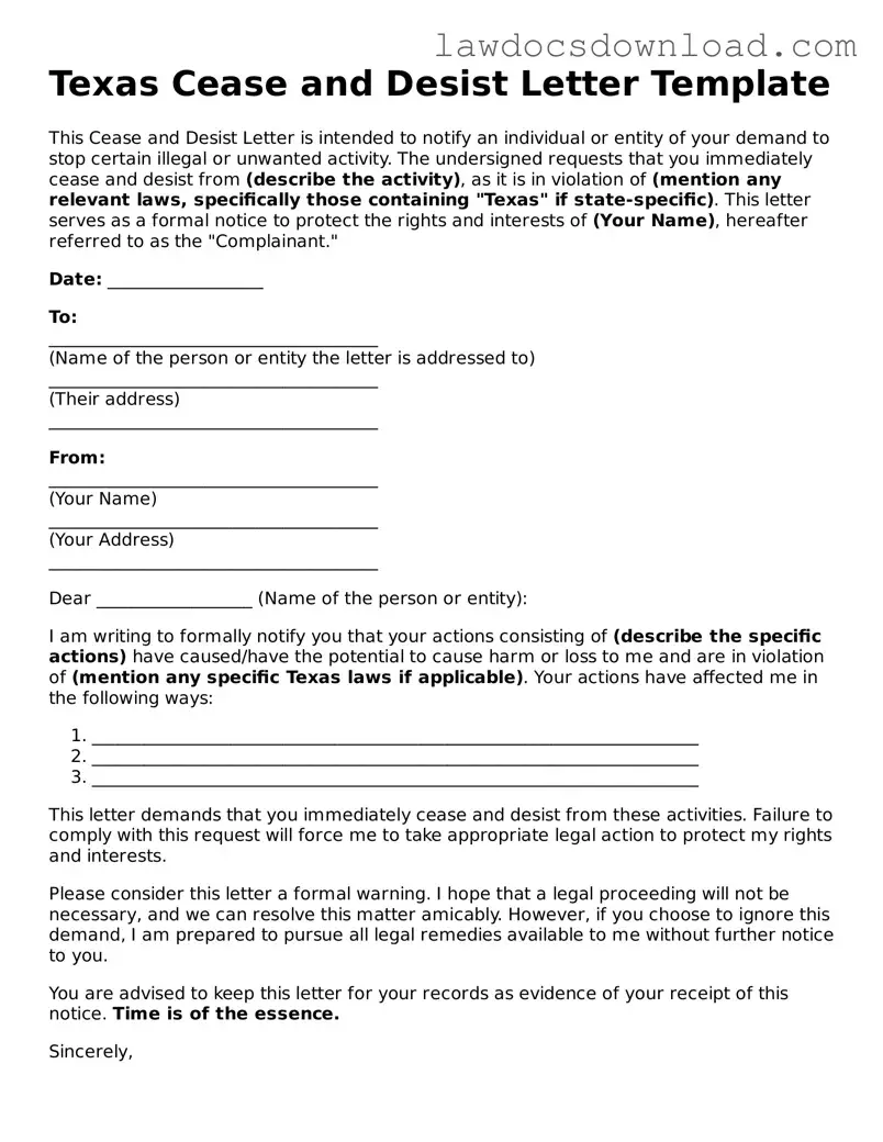 Legal Texas Cease and Desist Letter Form