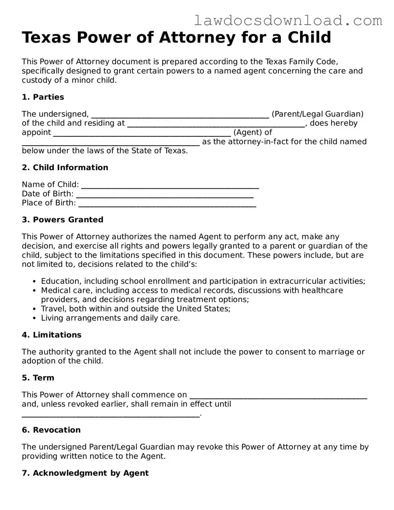 Legal Texas Power of Attorney for a Child Form