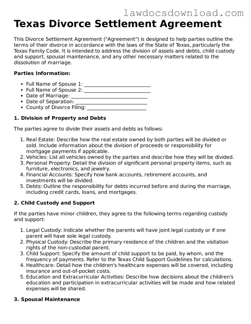 Legal Texas Divorce Settlement Agreement Form