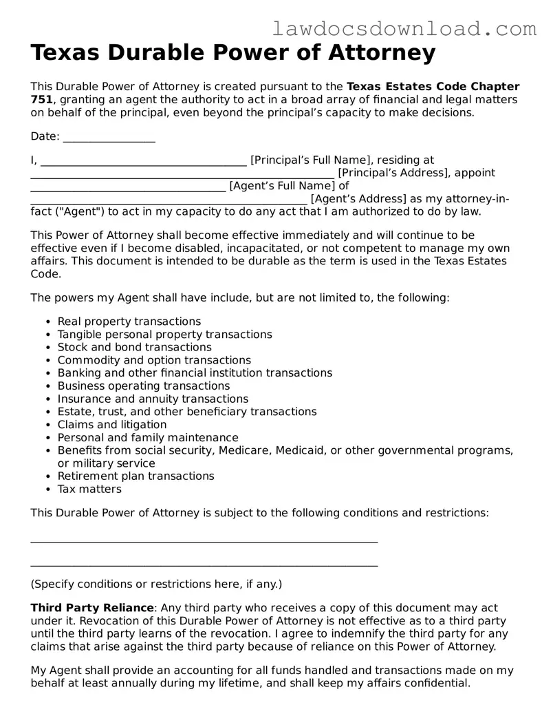 Legal Texas Durable Power of Attorney Form