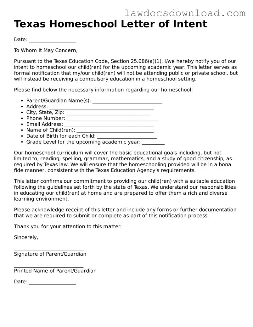 Legal Texas Homeschool Letter of Intent Form