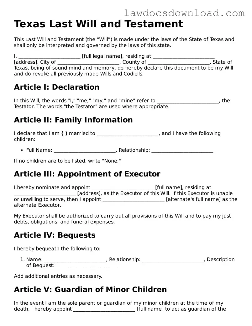 Legal Texas Last Will and Testament Form