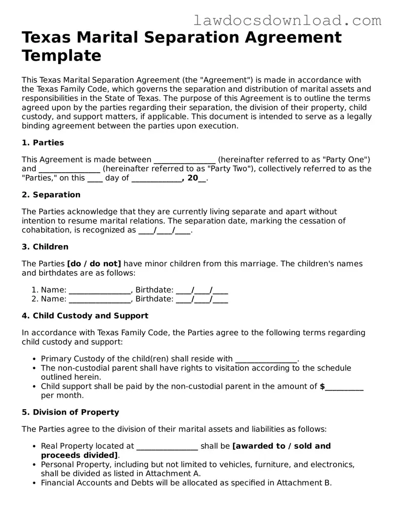 Legal Texas Marital Separation Agreement Form