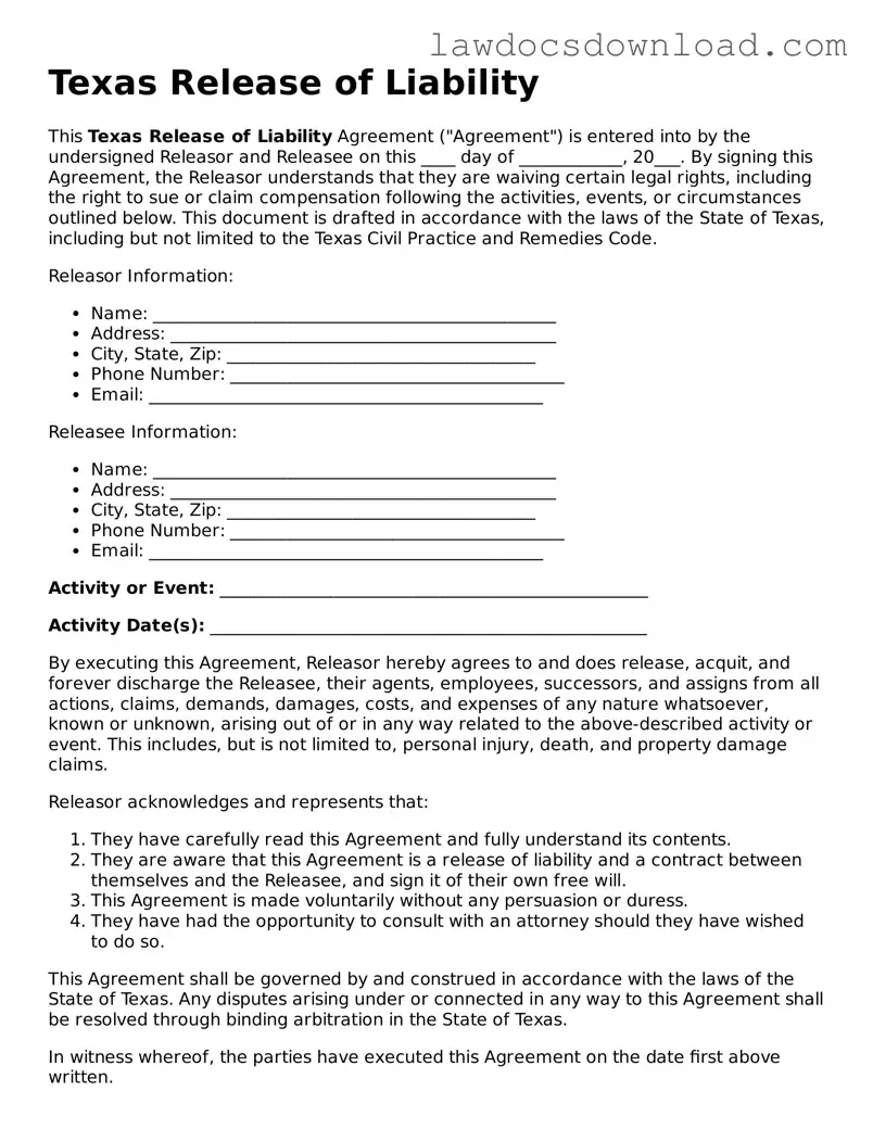Legal Texas Release of Liability Form