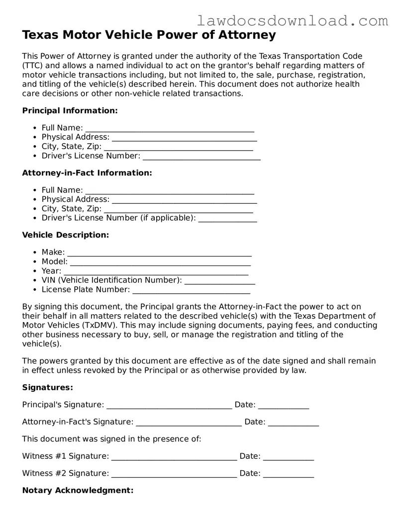 Legal Texas Motor Vehicle Power of Attorney Form