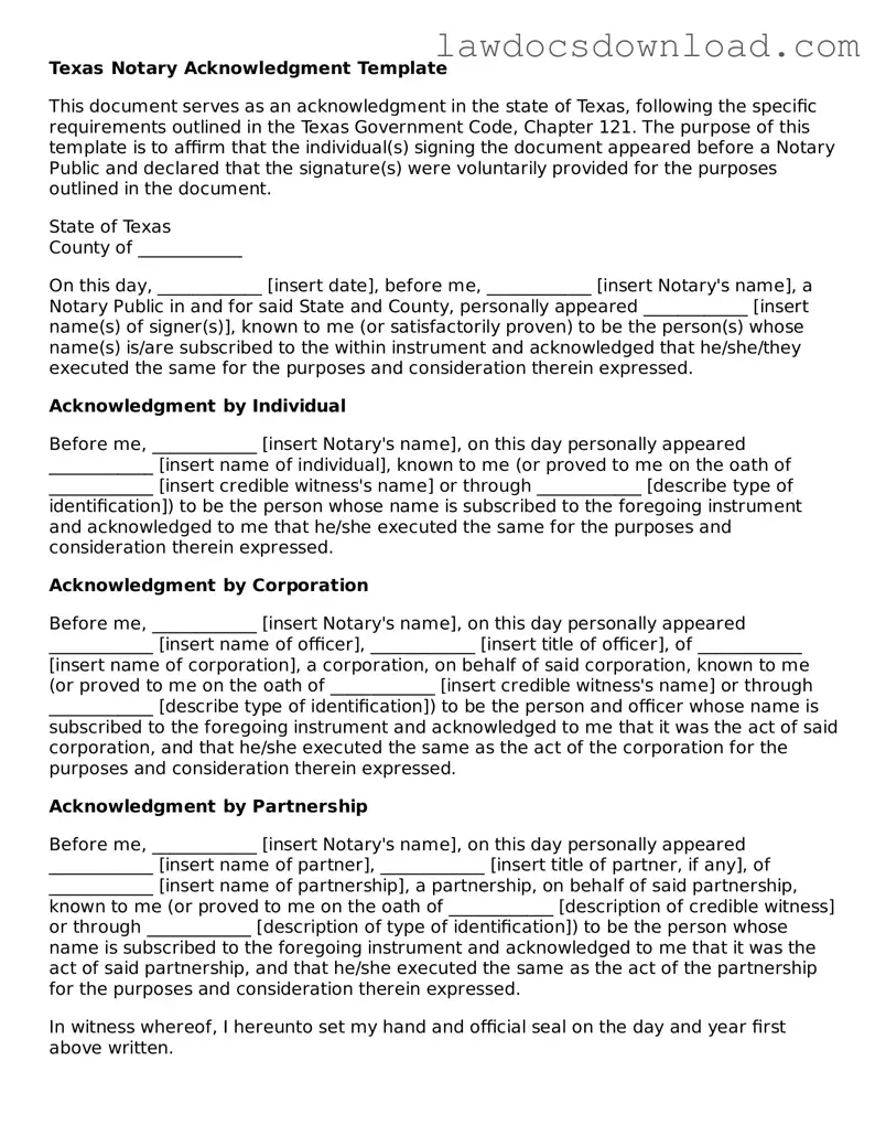 Legal Texas Notary Acknowledgement Form