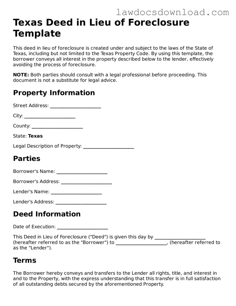 Legal Texas Deed in Lieu of Foreclosure Form