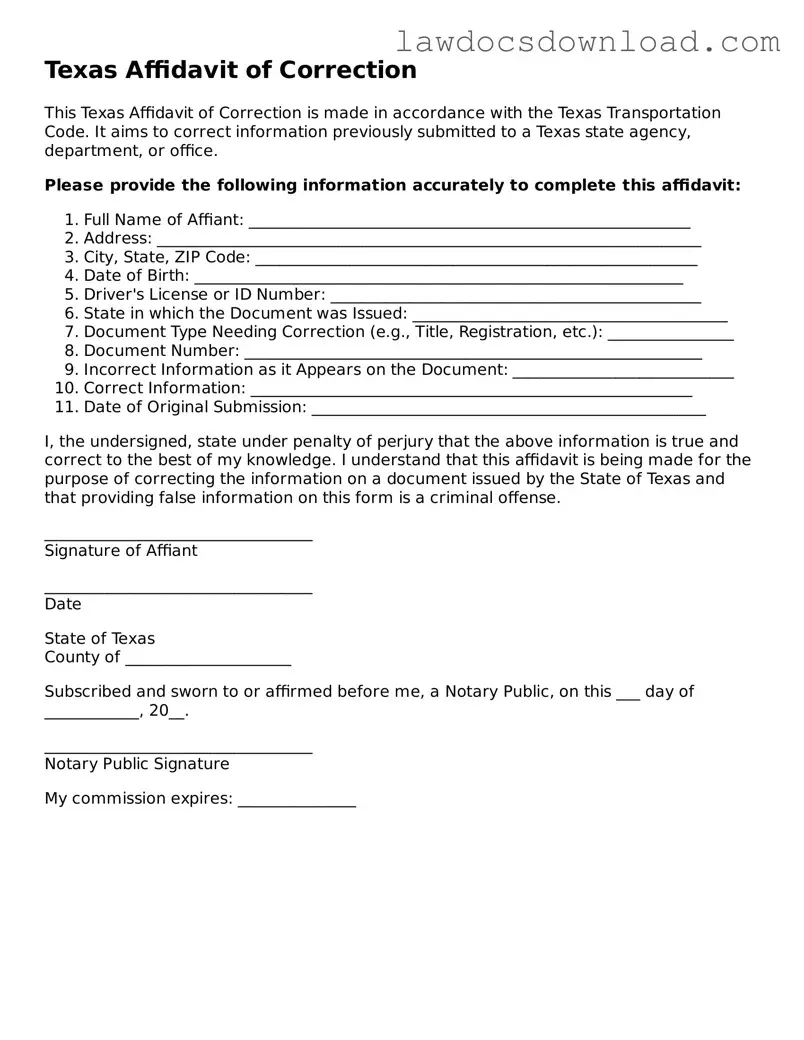 Legal Texas Affidavit of Correction Form
