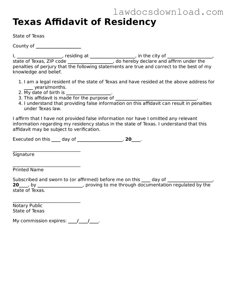 Legal Texas Affidavit of Residency Form