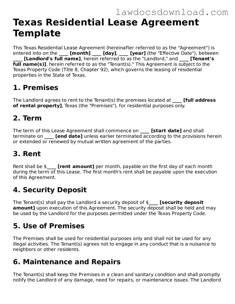 Legal Texas Residential Lease Agreement Form