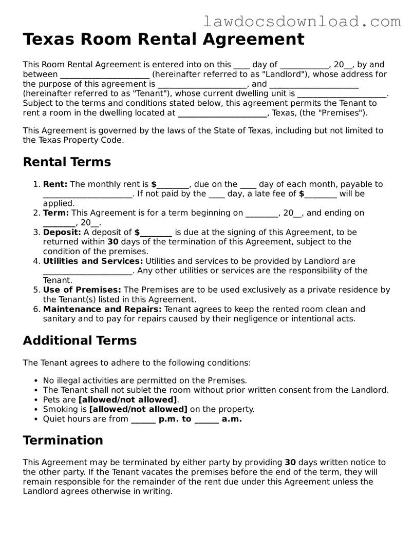 Legal Texas Room Rental Agreement Form