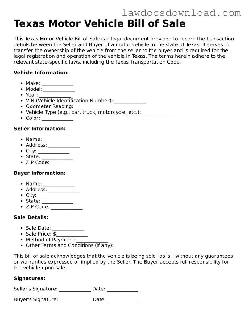 Legal Texas Motor Vehicle Bill of Sale Form