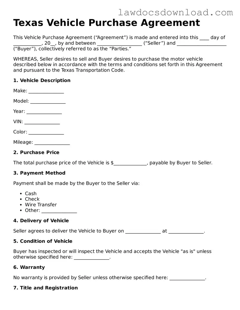 Legal Texas Vehicle Purchase Agreement Form