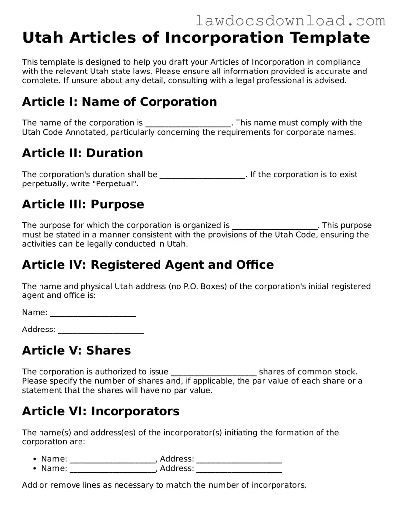 Legal Utah Articles of Incorporation Form