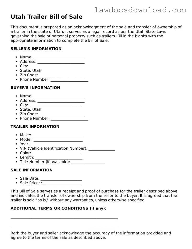 Legal Utah Trailer Bill of Sale Form