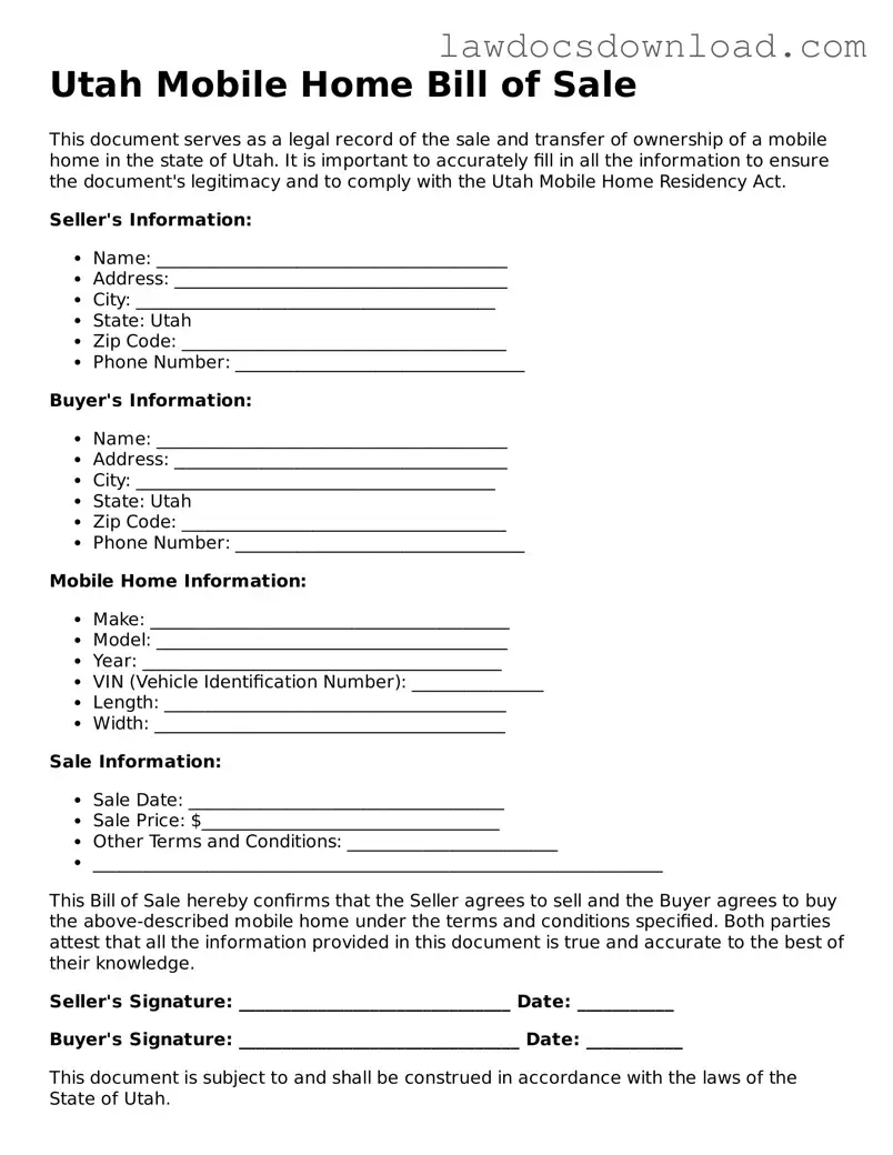 Legal Utah Mobile Home Bill of Sale Form