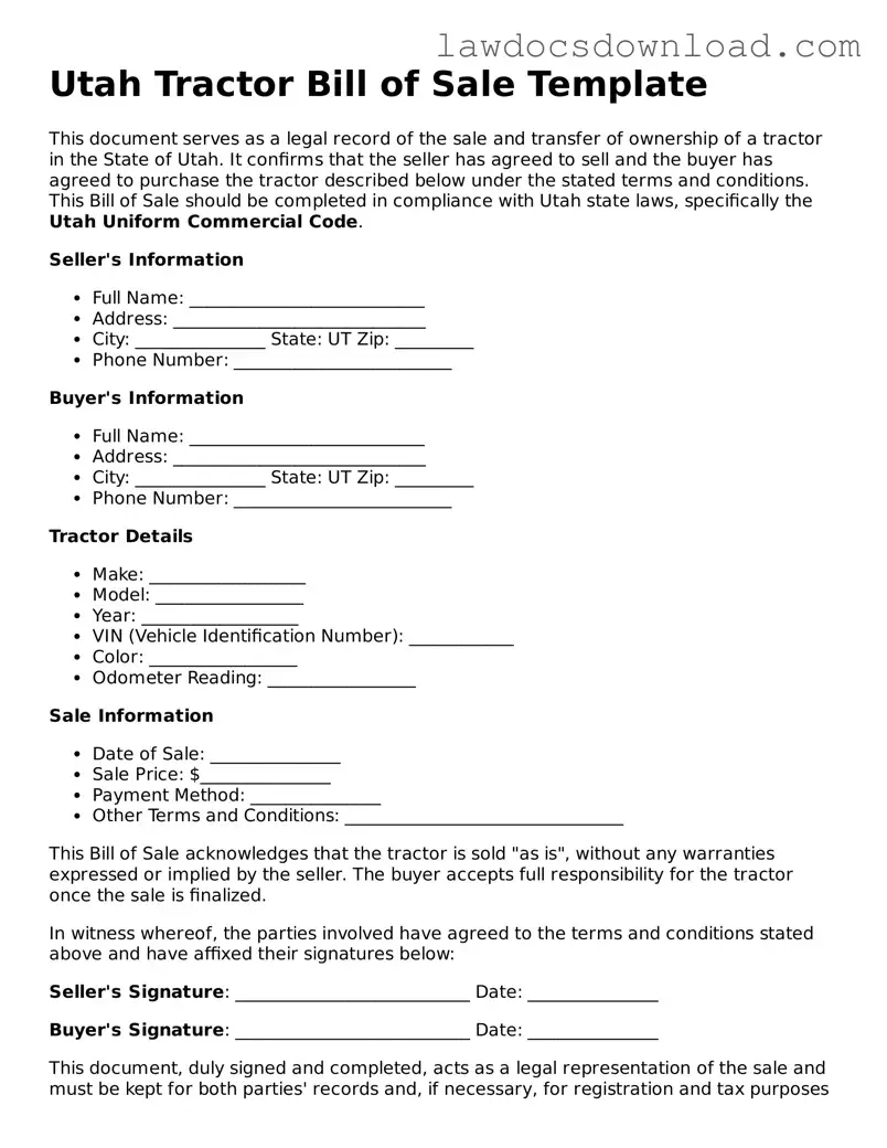 Legal Utah Tractor Bill of Sale Form